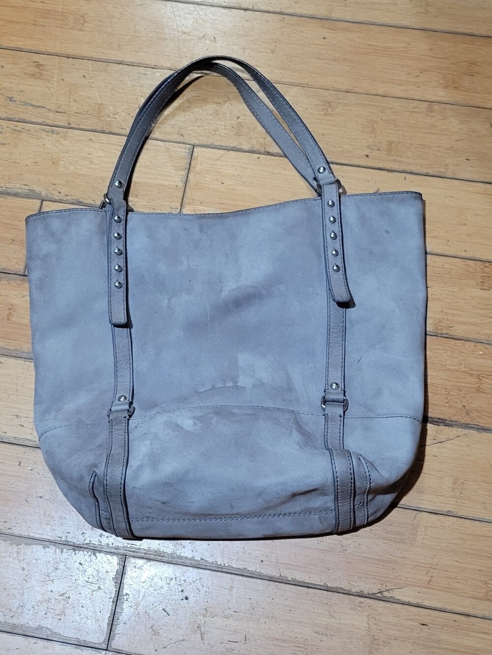 Vtg Y2K Gap grey suede shoulder tote bag lined with silver-tone metallic studs